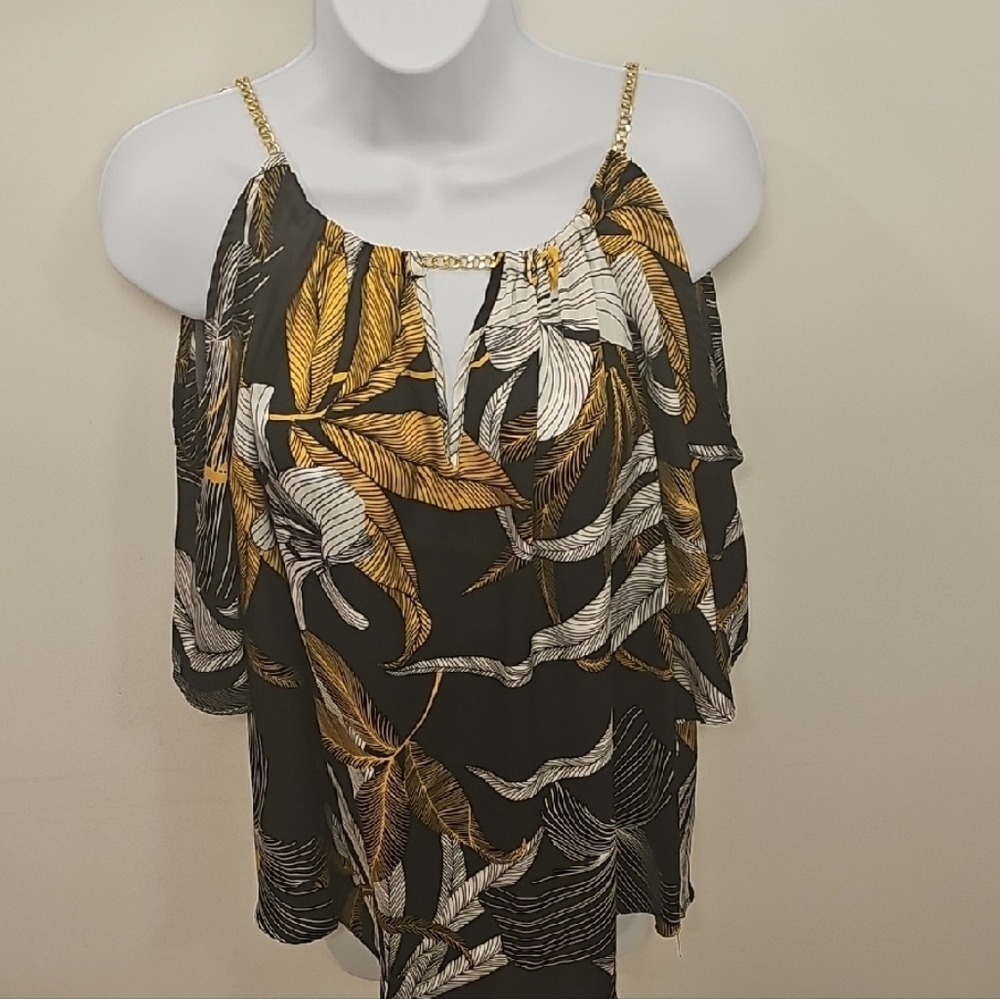 Women's Black and Gold Leaf Print Top